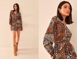 na obrazku znajduje się modelka ubrana w sukienkę ozdobioną zwierzęcym printem