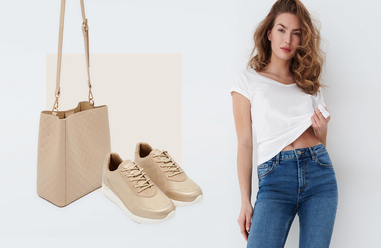 basicowy total look, beżowe damskie akcesoria