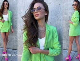neonowy garnitur damski, zielony look idealny na lato