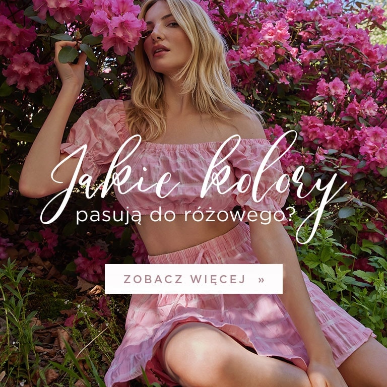jakie kolory pasują do różowego - modelka w różowym topie i spódnicy wśród kwiatów