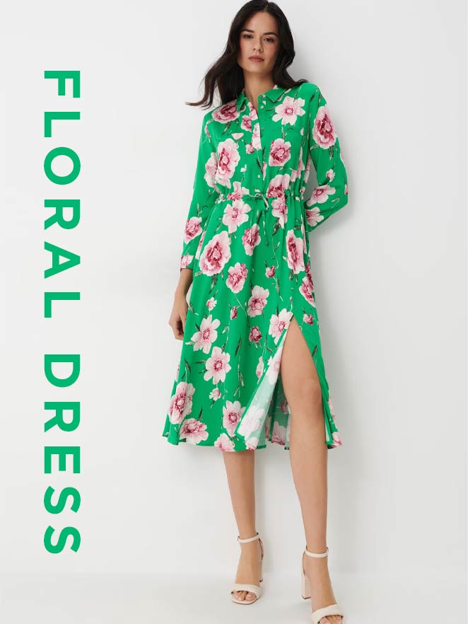 model care poartă rochie cămașă cu nasturi florale