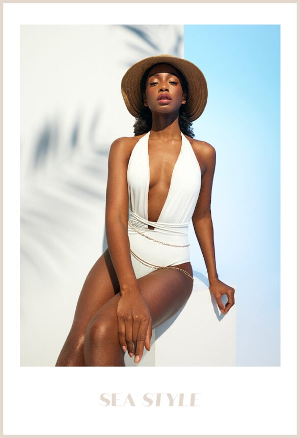 model prezentând un costum de baie dintr-o bucată și primul mod de a lega