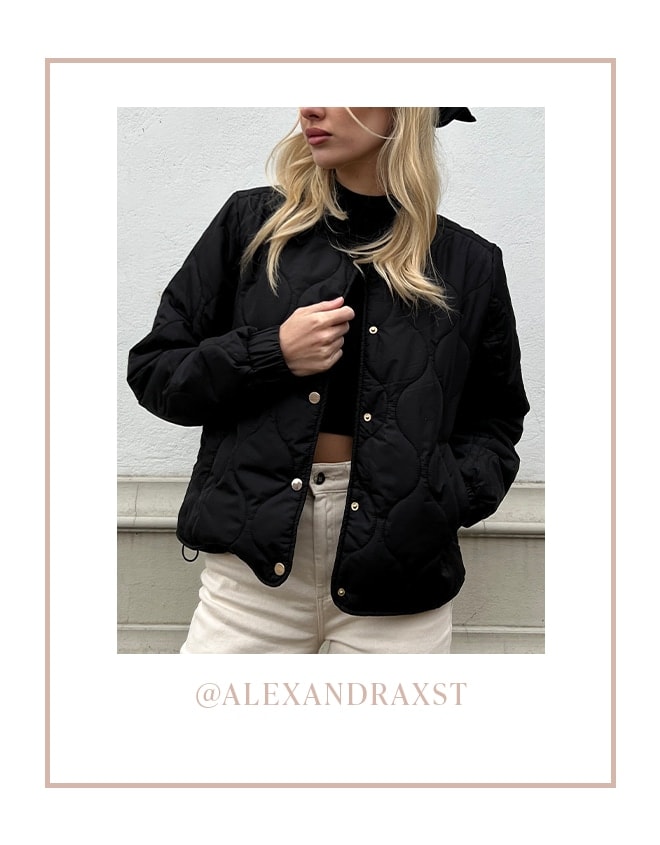 model in geaca matlasata neagra, blugi bej si top negru