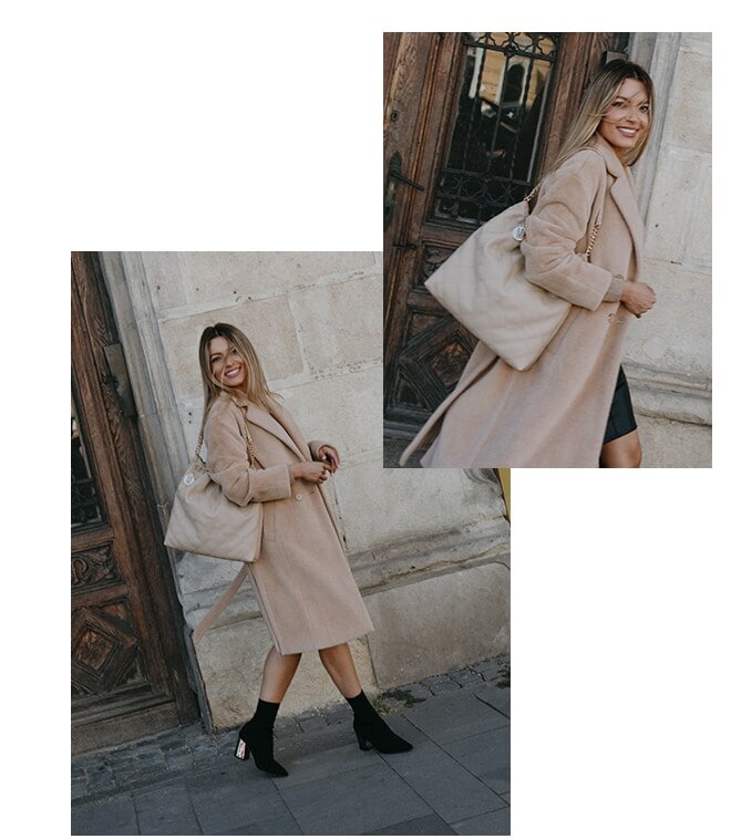 model într-un bej, stil de toamnă și cizme negre cu toc