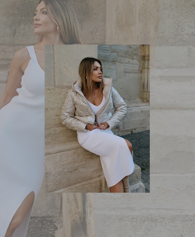 modelul Sandra Bendre - styling: rochie albă tricotată pentru toamnă și jachetă de damă