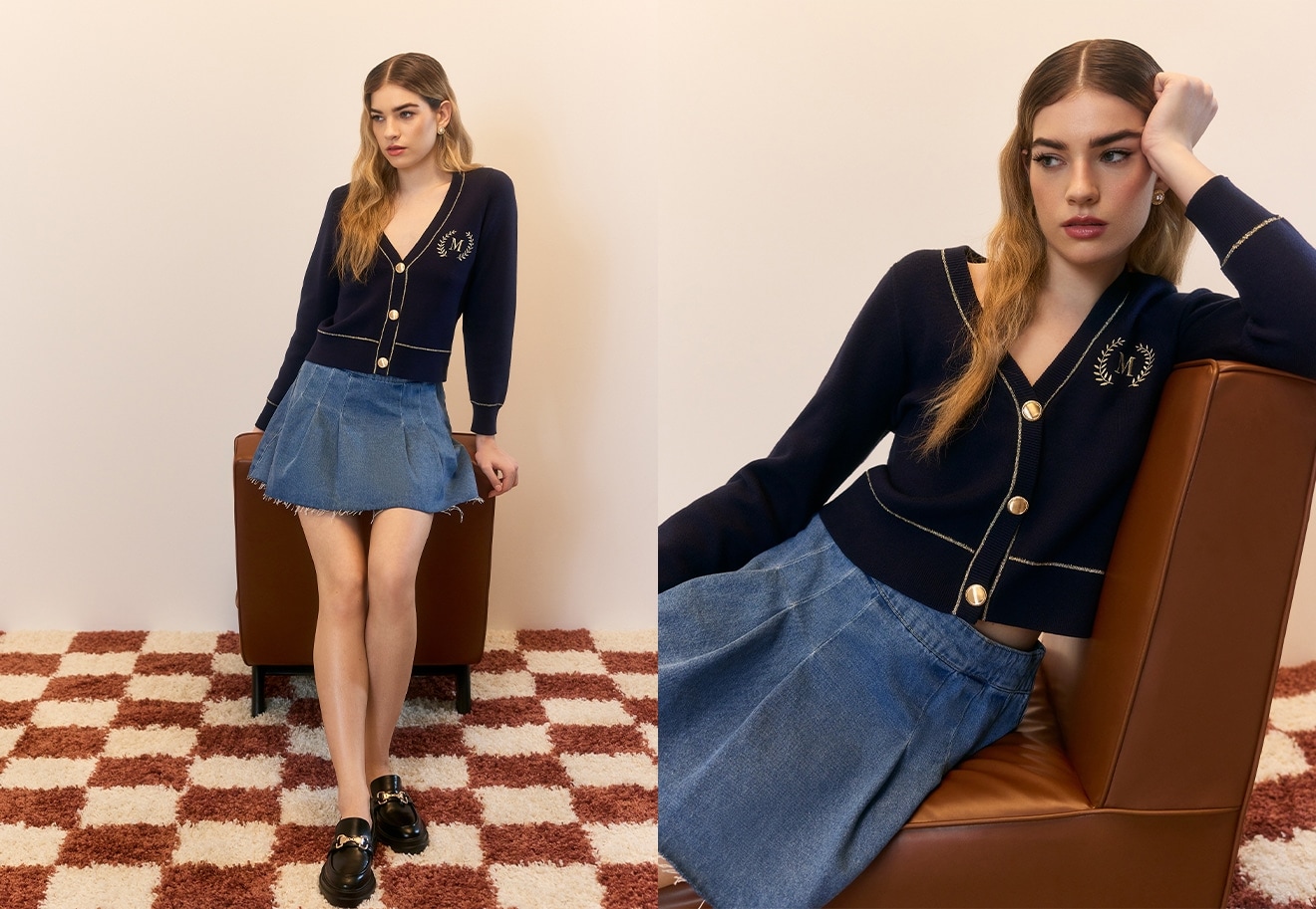 fusta mini din denim si cardigan - chintesenta stilului preppy
