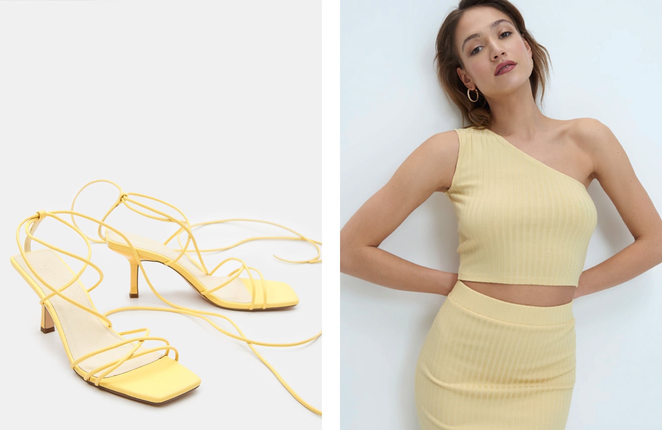 żółty outfit - sandałki, komplet damski