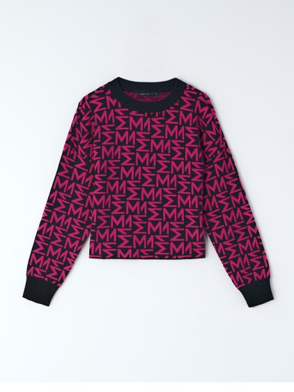 czarny sweter damski w różowy wzór M z okrągłym dekoltem
