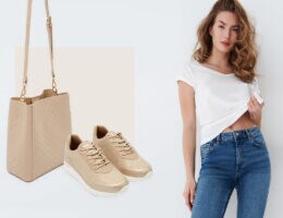 basicowy total look, beżowe damskie akcesoria
