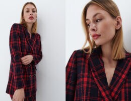 na obrazku znajduje się modelka ubrana w komplet składający się z marynarki i spódnicy