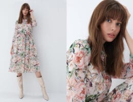 na obrazku znajduje się modelka ubrana w sukienkę w kwiaty