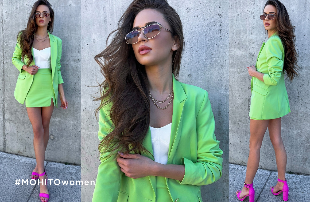 neonowy garnitur damski, zielony look idealny na lato