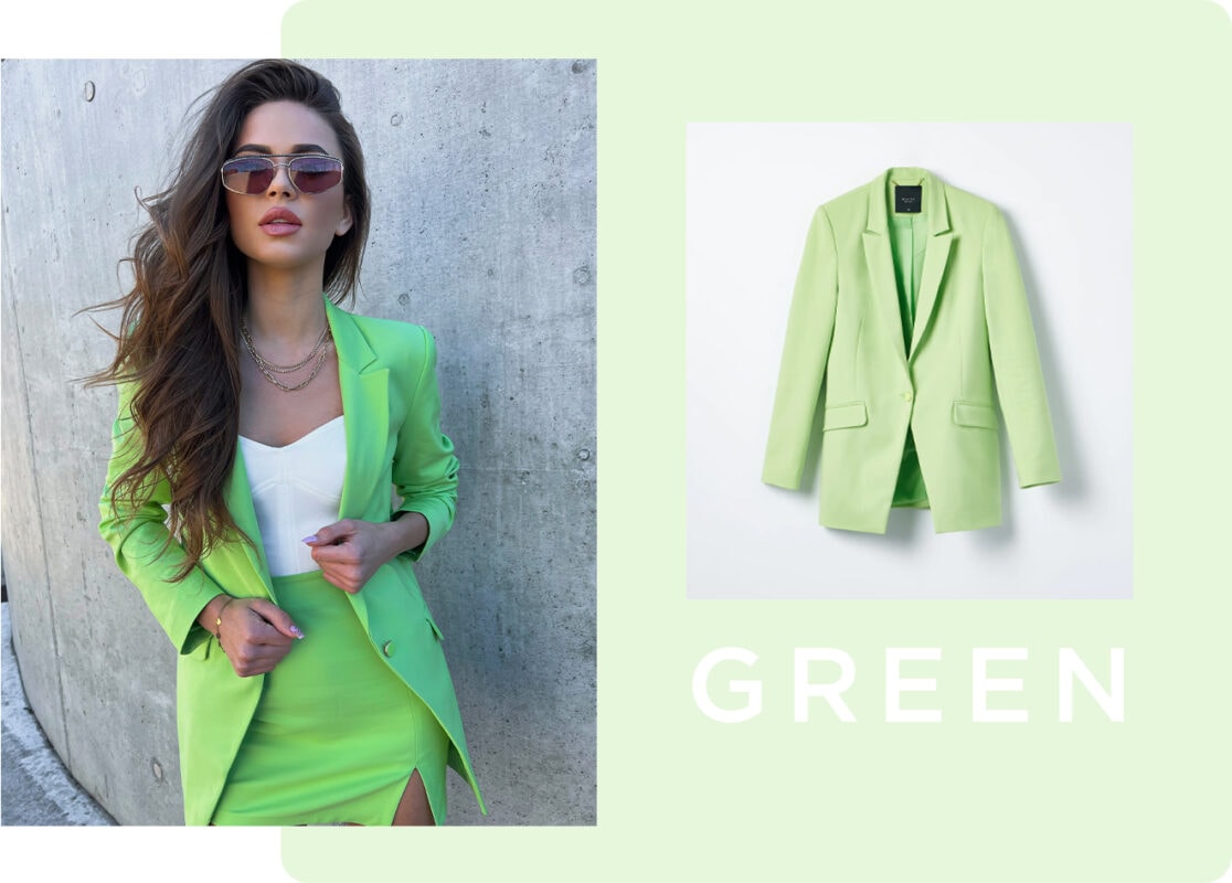 jak nosić neony - propozycja stylizacji w wersji neonowej zieleni: marynarka i spódnica