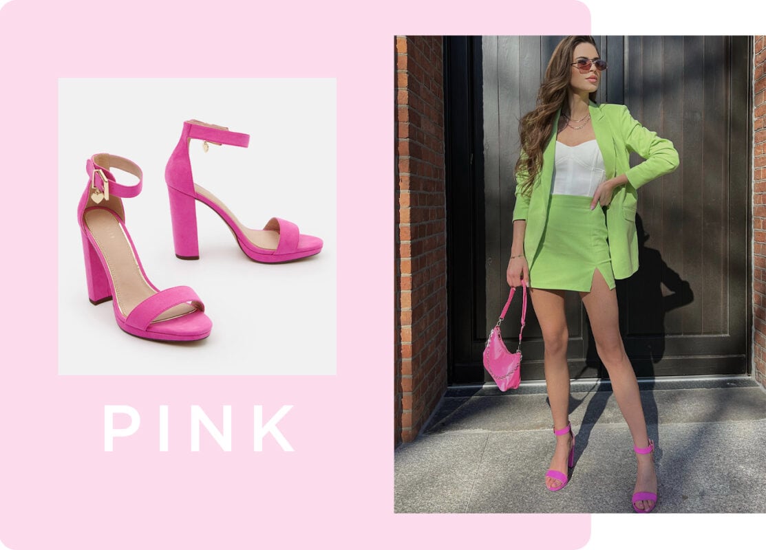 różowy neonowy kolor jako top trend na przykładzie sandałków, torebki i okularów