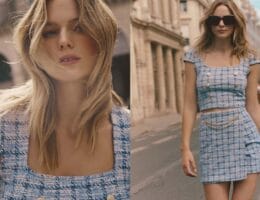 tweedowy komplet w kolorze baby blue w kratę