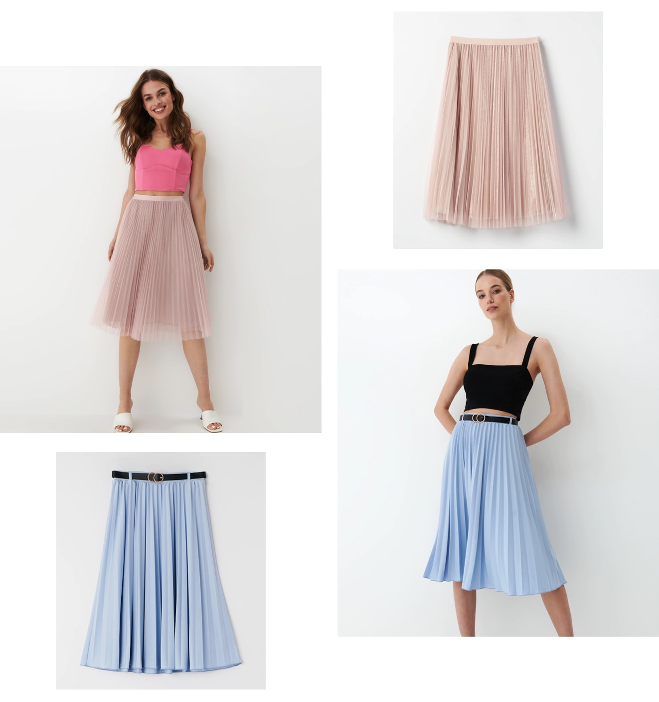 propozycje stylizacji ze spódnicą plisowaną w koloru różowym oraz niebieskim