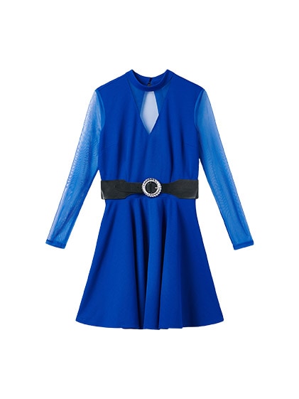 rochie de cobalt cu curea și mâneci din plasă
