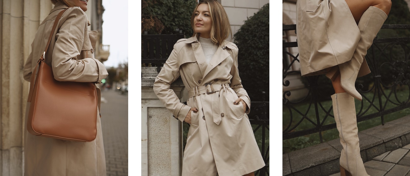 Kobiety w beżowym trenczu i wysokich kozakach na obcasie