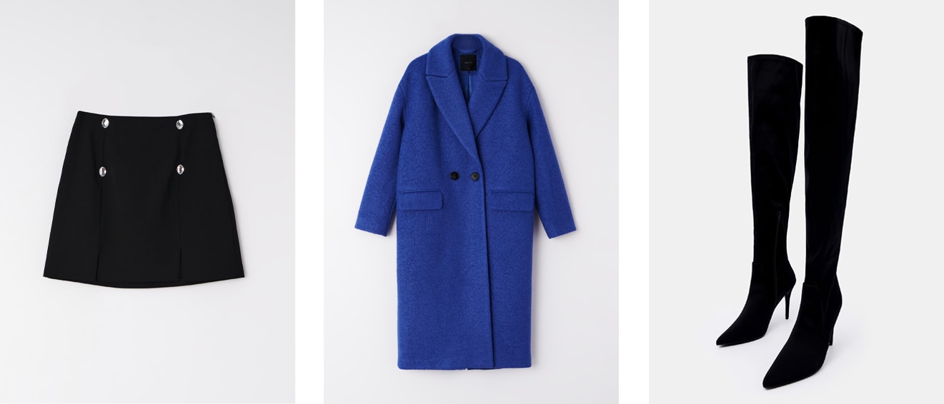 Spódnica mini, płaszcz i wysokie kozaki