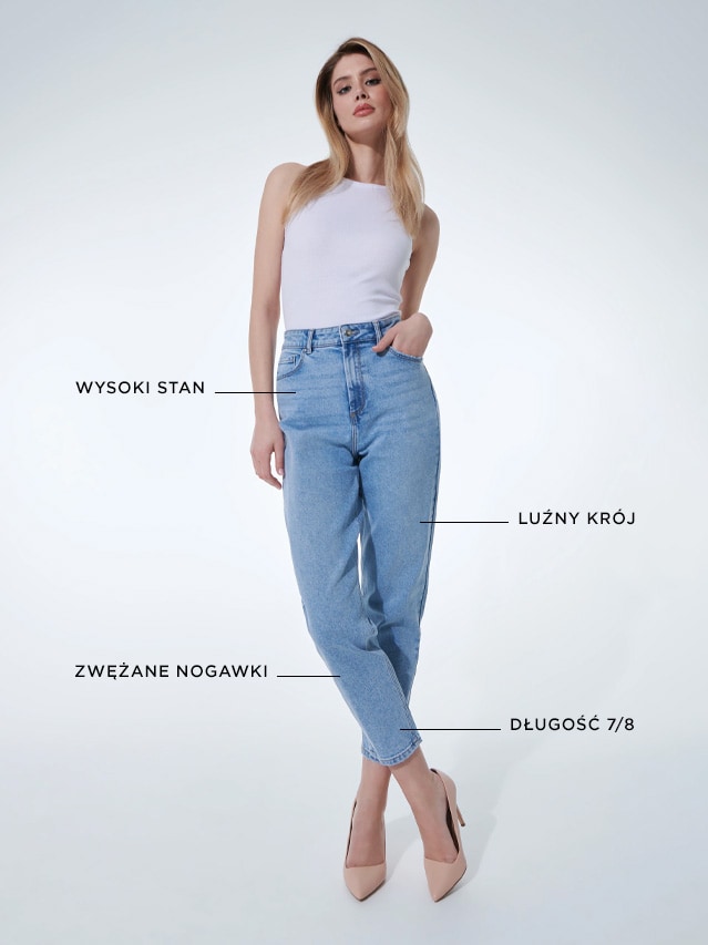 stylizacje mom jeans - modelka z niebieskimi spodniami i białym t-shirtem - cechy charakterystyczne modelu mom jeans 