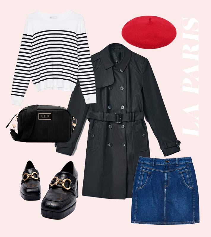 outfit w paryskim stylu: trencz, spódnica mini, sweter w paski, beret, mała torebka i loafersy