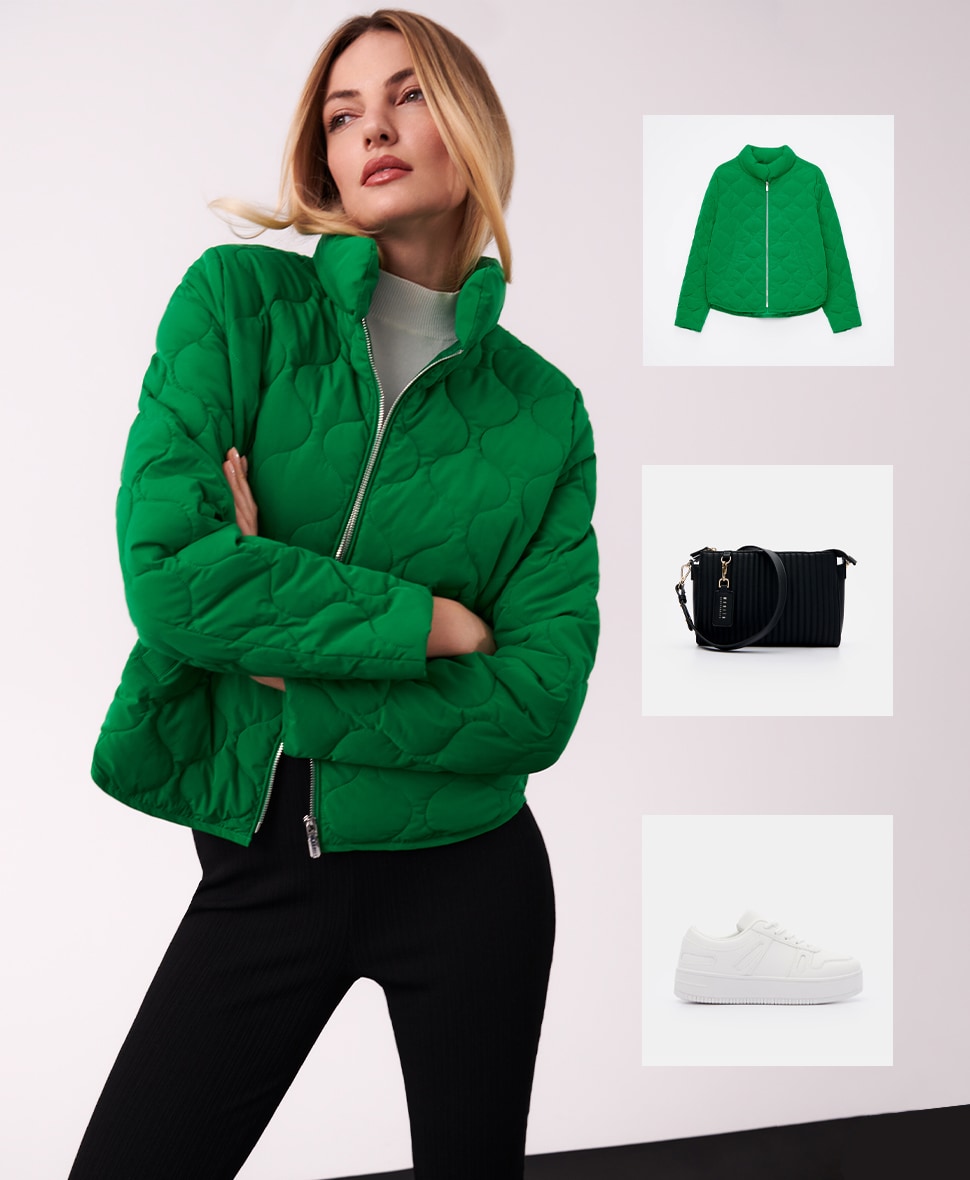 propozycja stylizacji z zieloną kurtką pikowaną, czarnymi, dopasowanymi spodniami