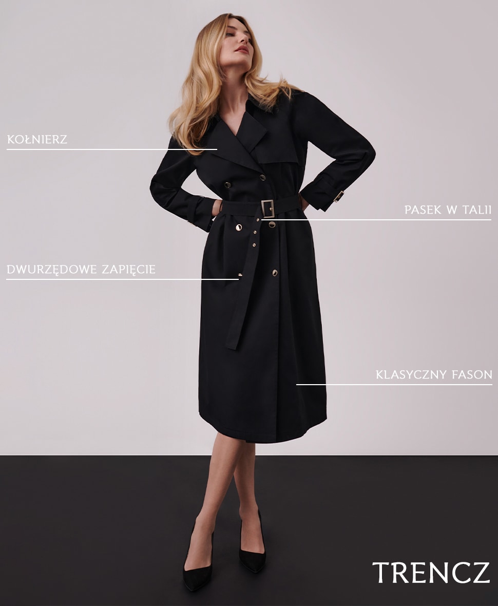 modelka w czarnym płaszczu prezentująca cechy charakterystyczne dla trencza
