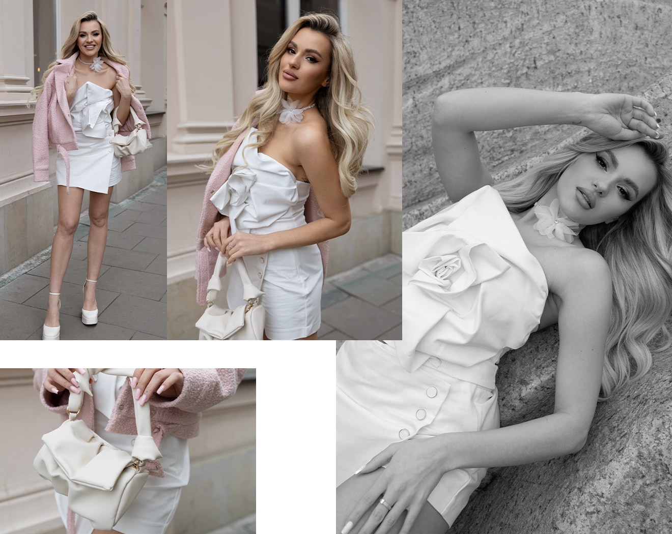 szukasz propozycji na eleganckie stylizacje w nowoczesnym wydaniu? postaw na top z ozdobną różą, białe spódnico-spodenki oraz różową ramoneskę - stwórz dziewczęcy look