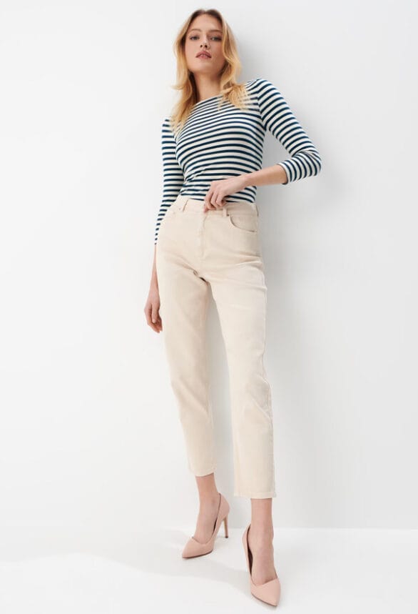 outfit na wiosenne dni: spodnie mom jeans w kolorze kremowym z bluzką w wąskie paski