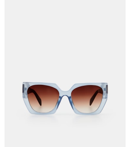 okulary przeciwsłoneczne z dużymi, niebieskimi oprawkami i brązowymi szkłami