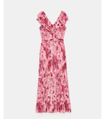 wzorzysta sukienka maxi z falbaną