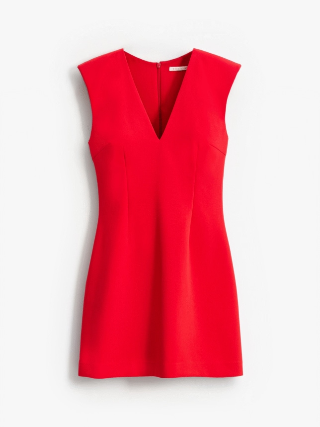 Elegancka czerwona sukienka mini na wesele bez rękawów. Kreacja posiada głęboki dekolt w kształcie litery V oraz lekko usztywnione ramiona, co nadaje jej nowoczesny i minimalistyczny charakter.