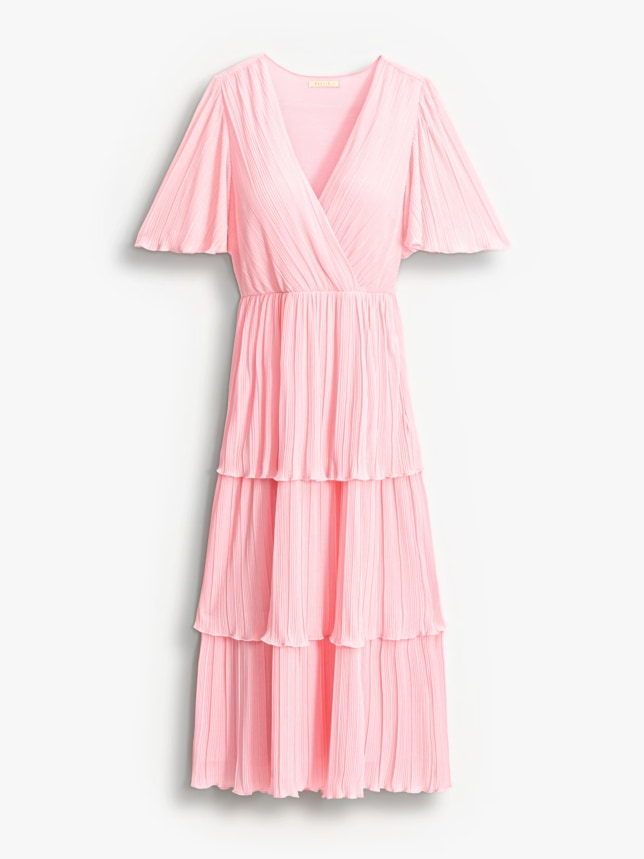 Kopertowa sukienka o długości midi z krótkimi rękawami i ozdobnymi falbanami.
