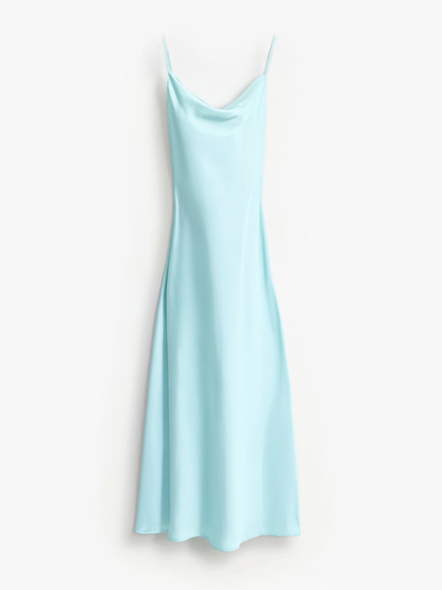 Minimalistyczna sukienka slip dress na wesele wykonana z błękitnej satyny. Kreacja o długości midi z dekoltem typu woda, stanowiąca klasyczną i nowoczesną propozycję na letnie przyjęcie.