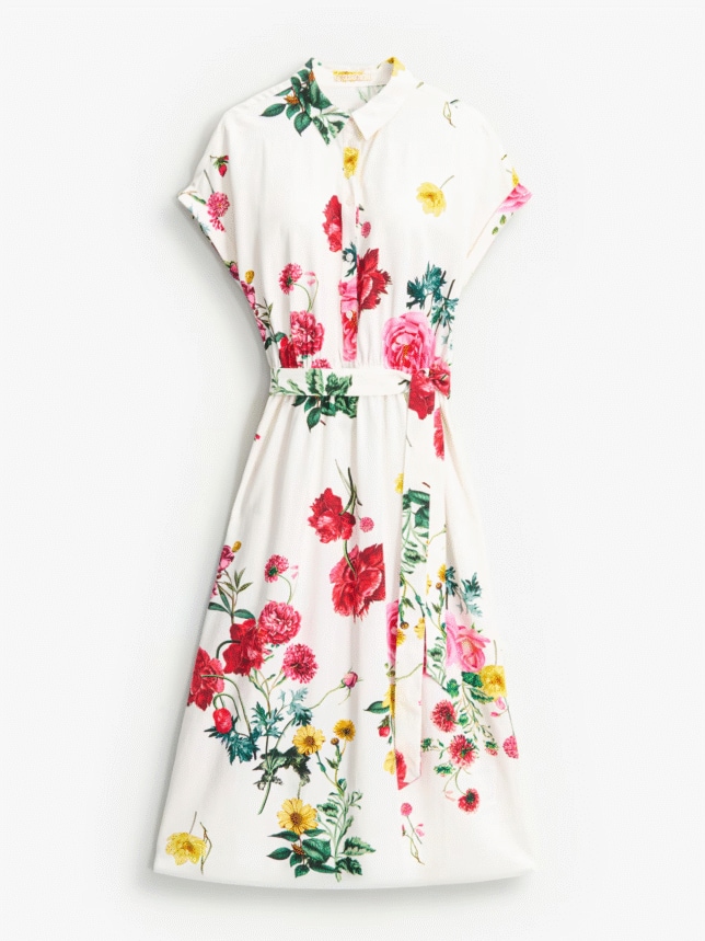 Jasna, letnia sukienka na wesele o kroju szmizjerki, zapinana na guziki. Model ma krótki rękaw, kołnierzyk i wiązanie w pasie. Białe tło pokrywa gęsty, kolorowy wzór w polne kwiaty – czerwone róże, żółte maki i zielone liście.