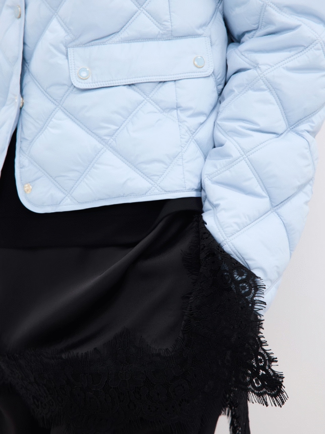 Połącznie błękitnej pikowanej kurtki z bluzką z koronką