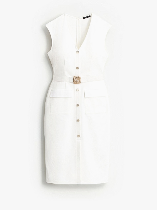 biała sukienka midi z dekoltem V i guzikami