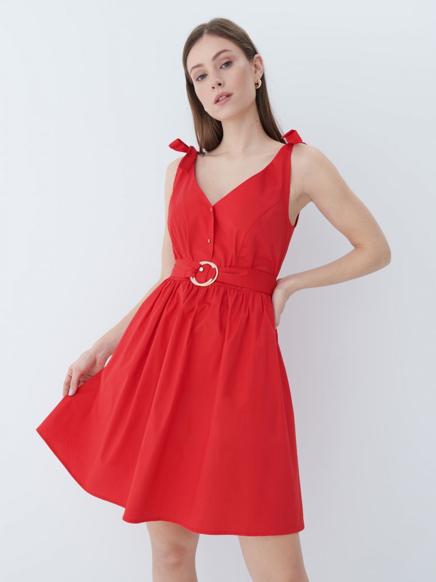 red flared gown