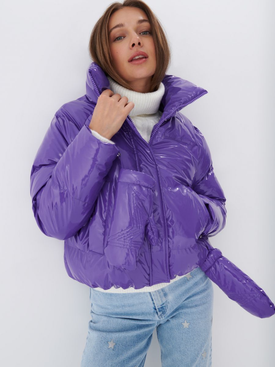 purple puffer jacket